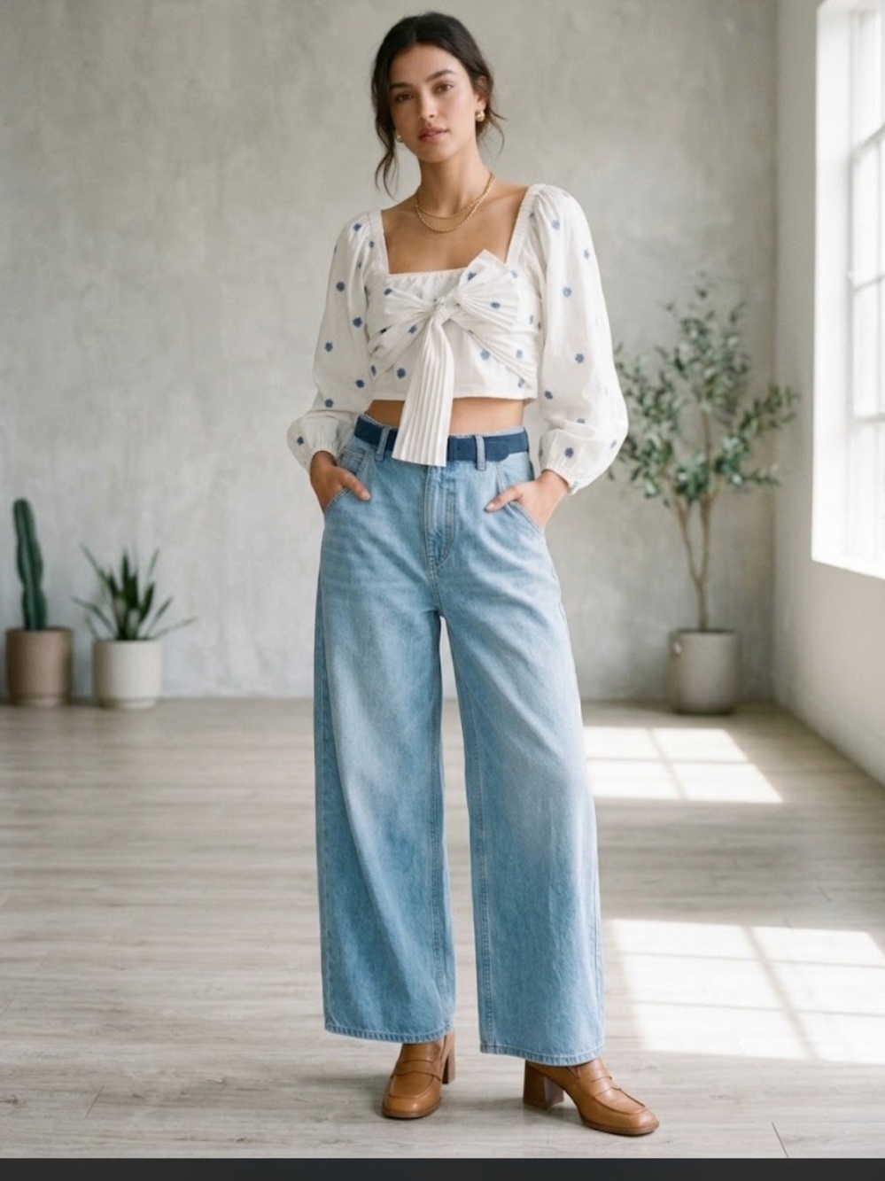 FARM Rio White Puff-Sleeve Crop Top with Blue flowers Print.
